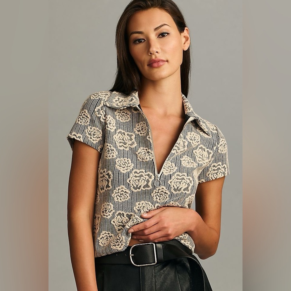 Maeve Sweater Floral Jacquard Zip-Up Polo Sweater Short Sleeve Medium - Picture 2 of 12